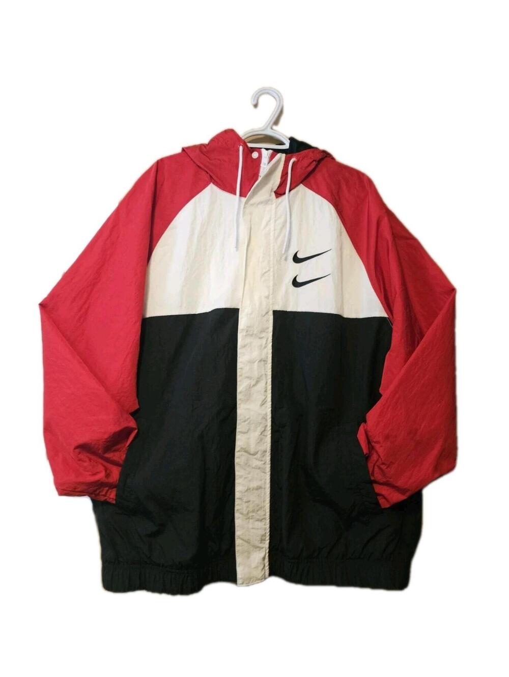 Nike Double Swoosh Windbreaker Jacket Hooded Colorblock Red White Black Zip XL